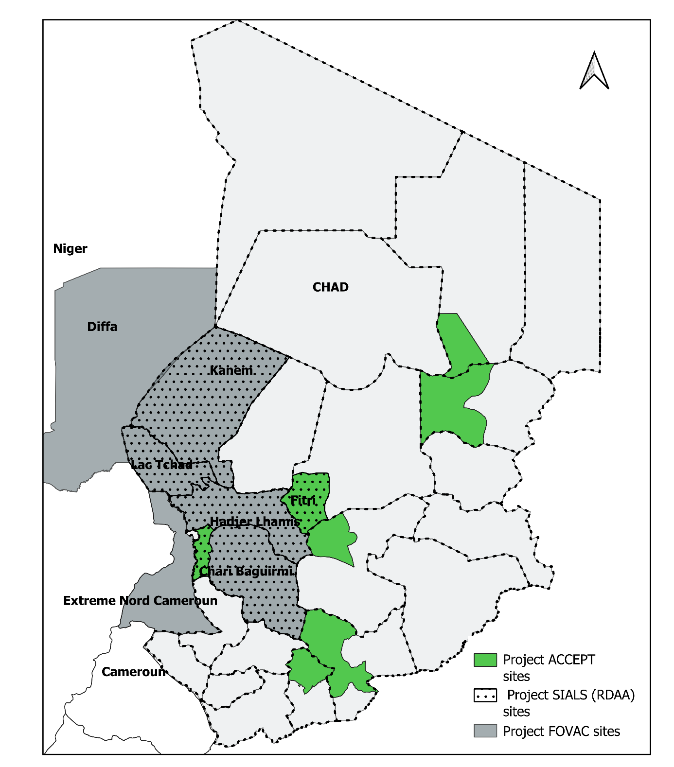 Carte des sites ACCEPT, SIALS et FOVAC au Tchad